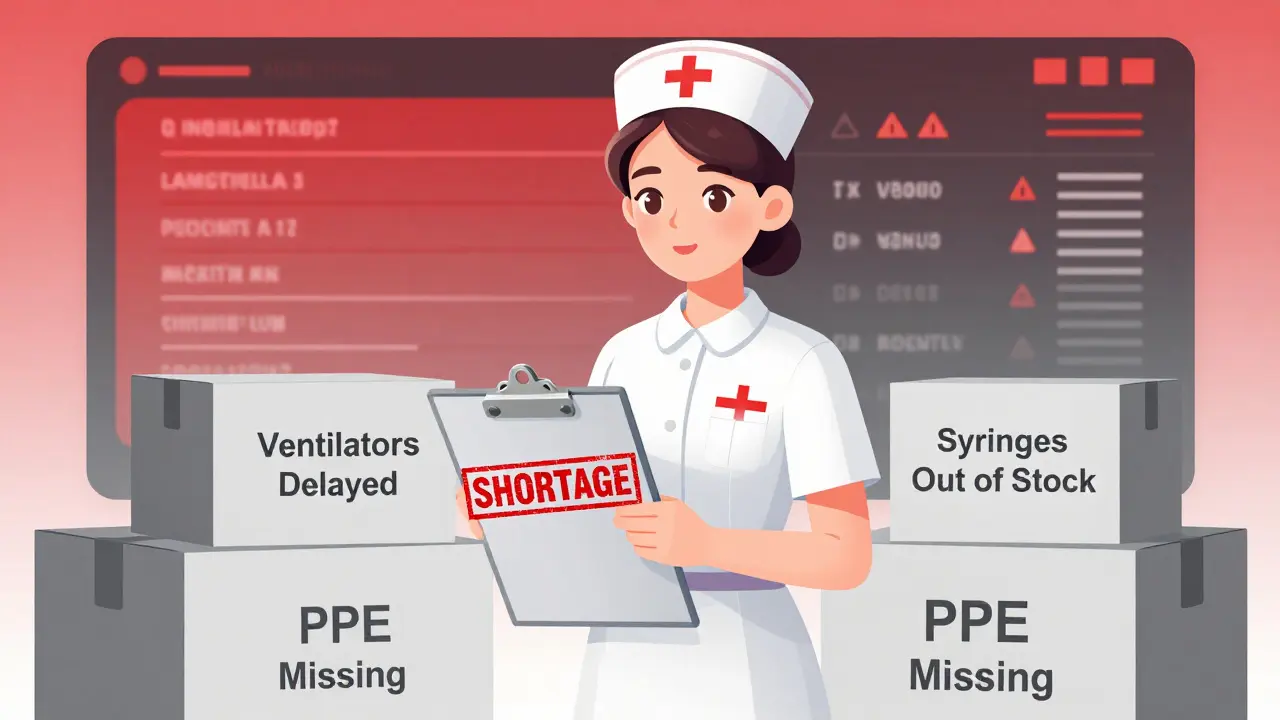 Nurse surrounded by medical supply shortage alerts in a hospital with digital warnings.