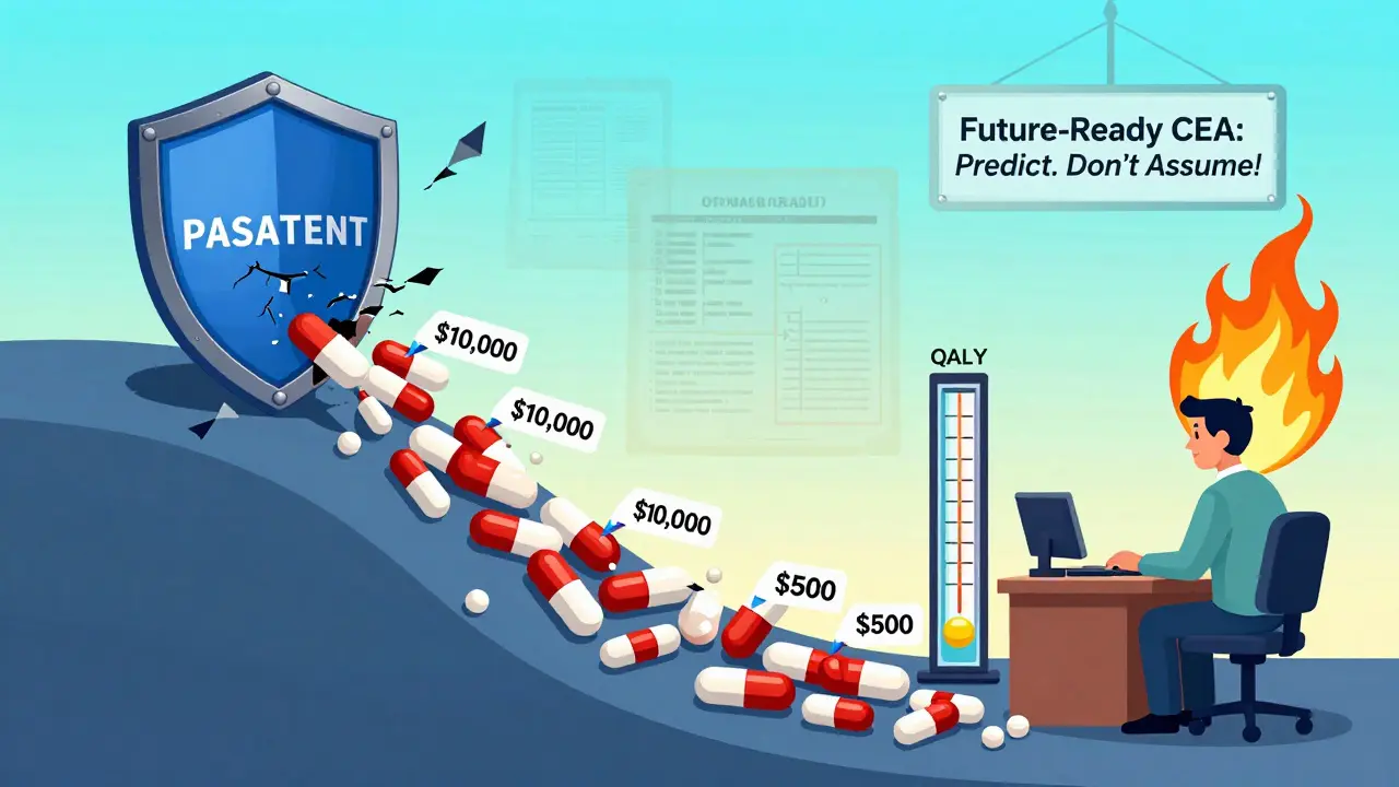 Patent expires as generic pills cascade down a price slope from ,000 to 0, with QALY meter rising and outdated charts burning.