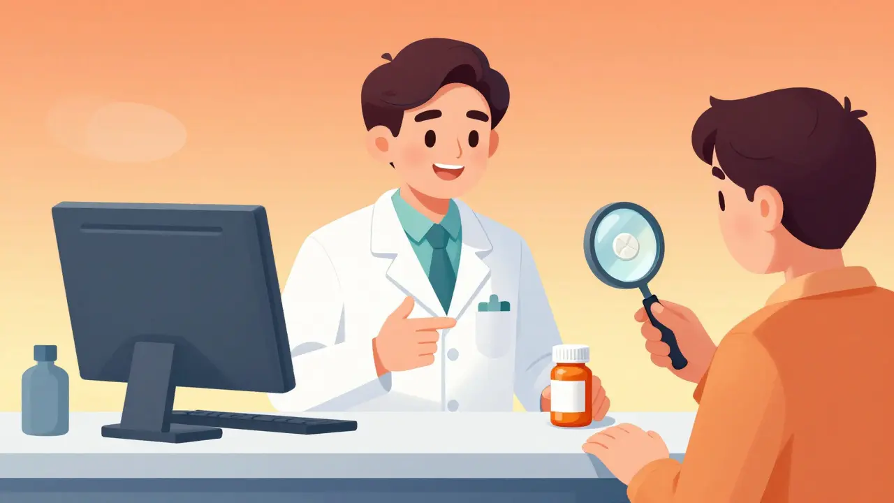 Pharmacist assisting patient inspecting a pill imprint