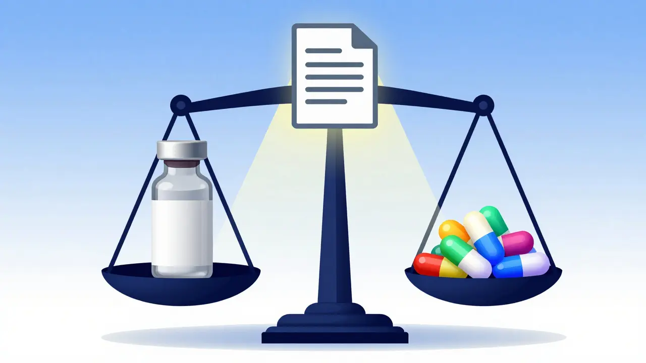 Scale balancing brand medication vials against generic drug piles under legislation.
