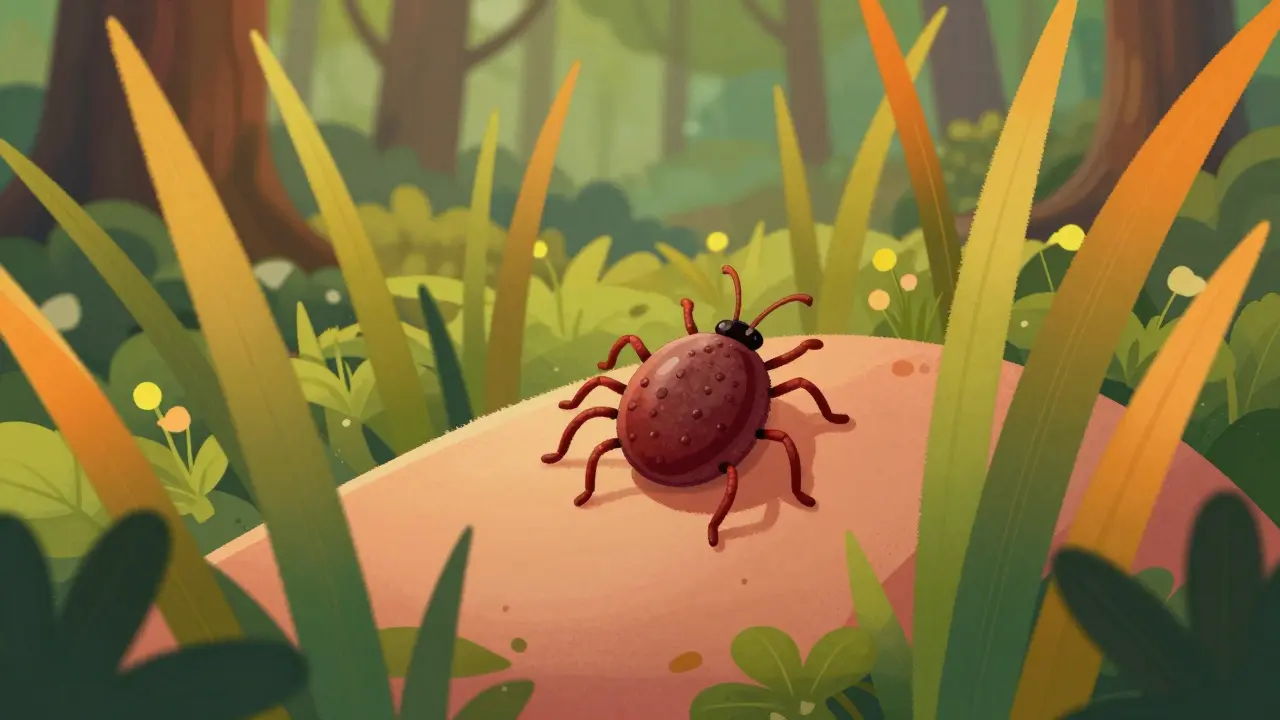 Stylized tick on grass representing vector-borne disease transmission