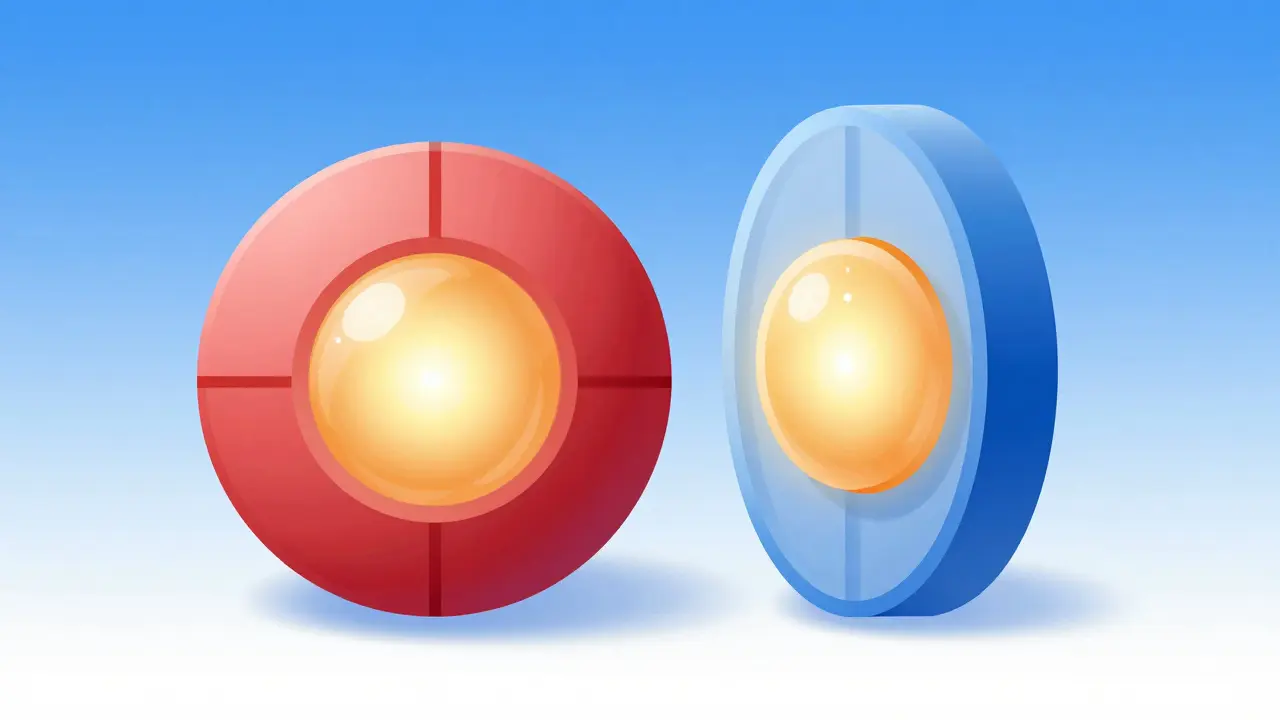 Two pills with different shapes sharing a glowing golden core