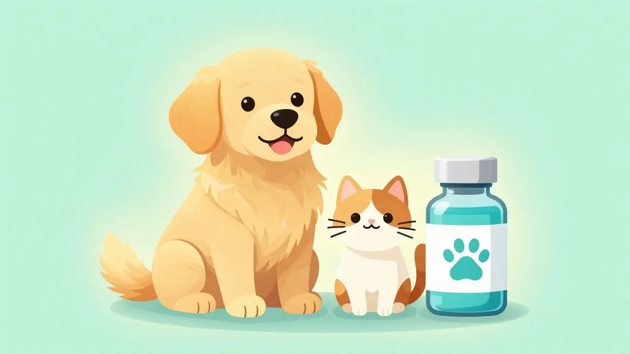 A dog and cat sitting next to a veterinary medicine bottle