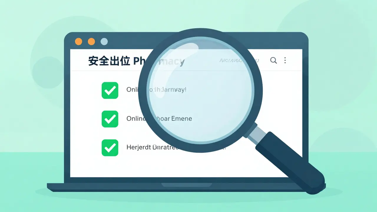 A magnifying glass examining a secure online pharmacy website for trust signals.