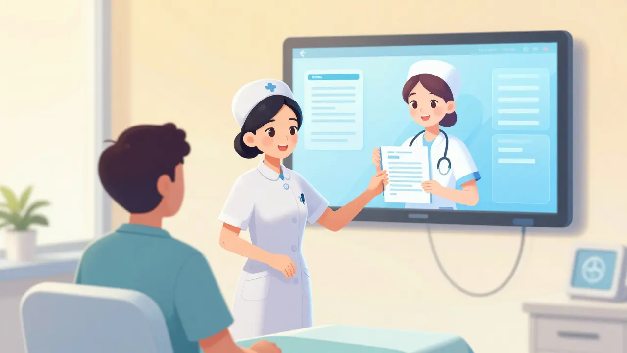 A nurse caring for a patient with a virtual nurse appearing on a wall screen