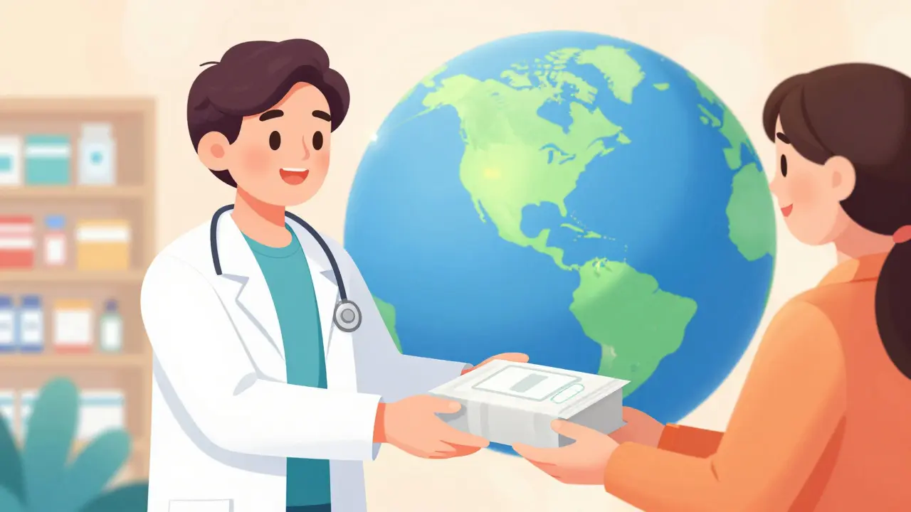A pharmacist handing over a secure medication package with a global map background