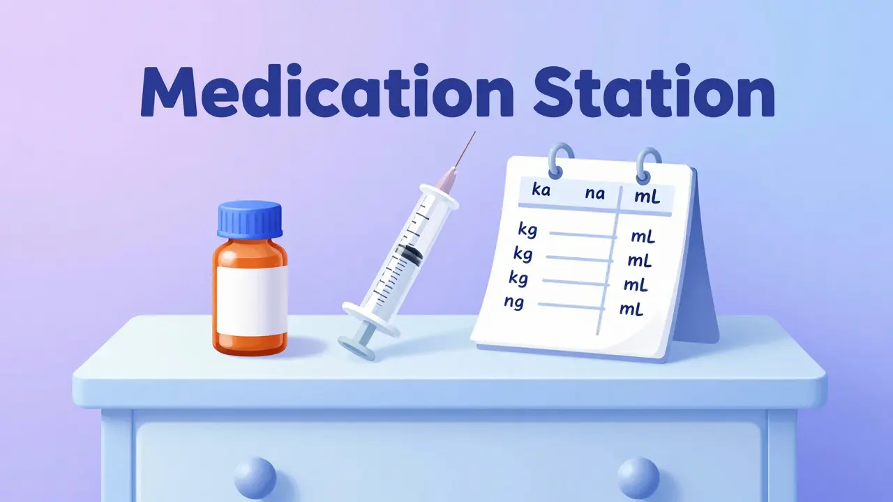 An organized medication station with a dose chart and oral syringe on a dresser