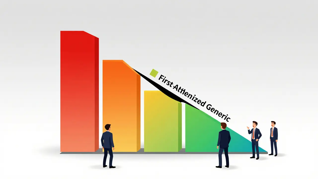 Cartoon showing a revenue bar chart being reduced by an authorized generic wedge.