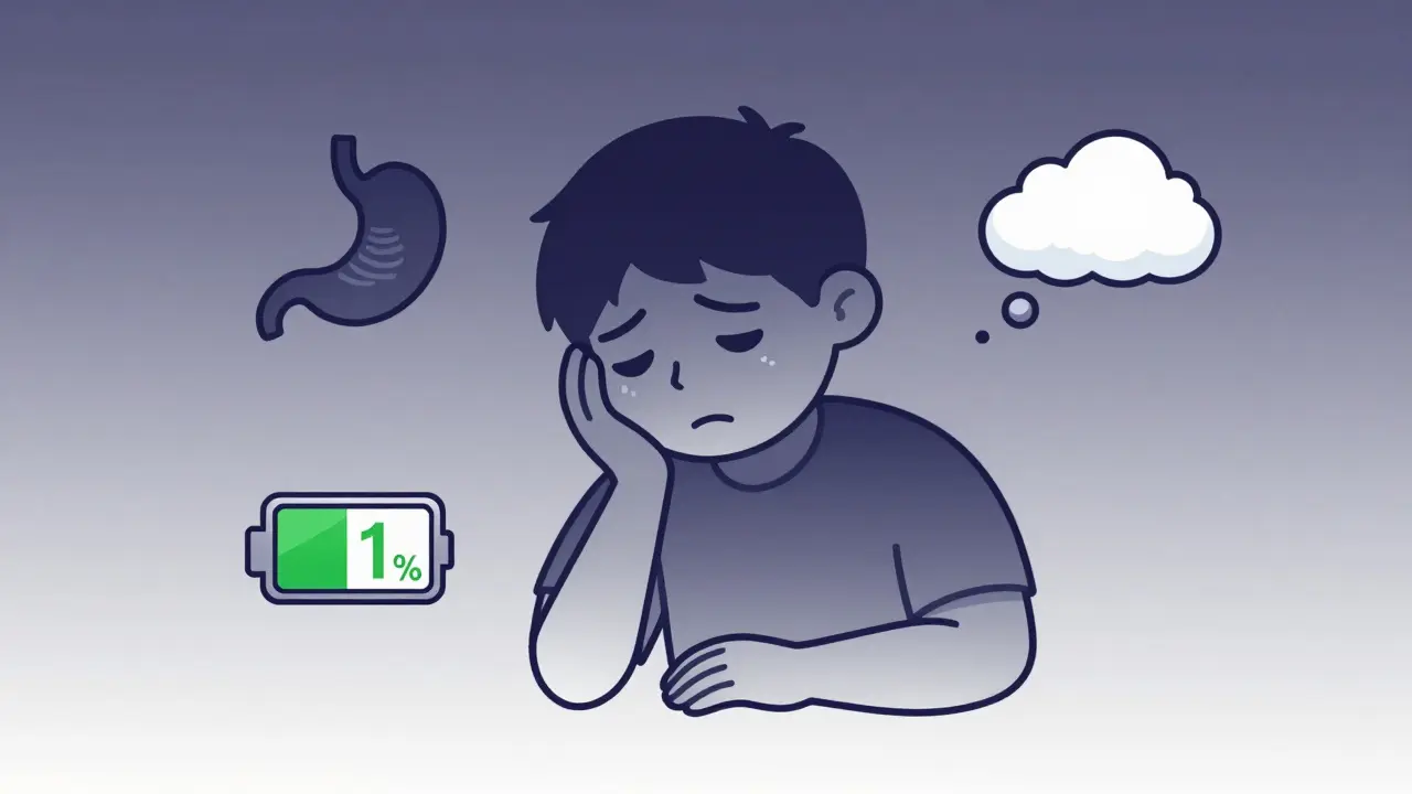 Character showing symptoms of fatigue, nausea, and low energy