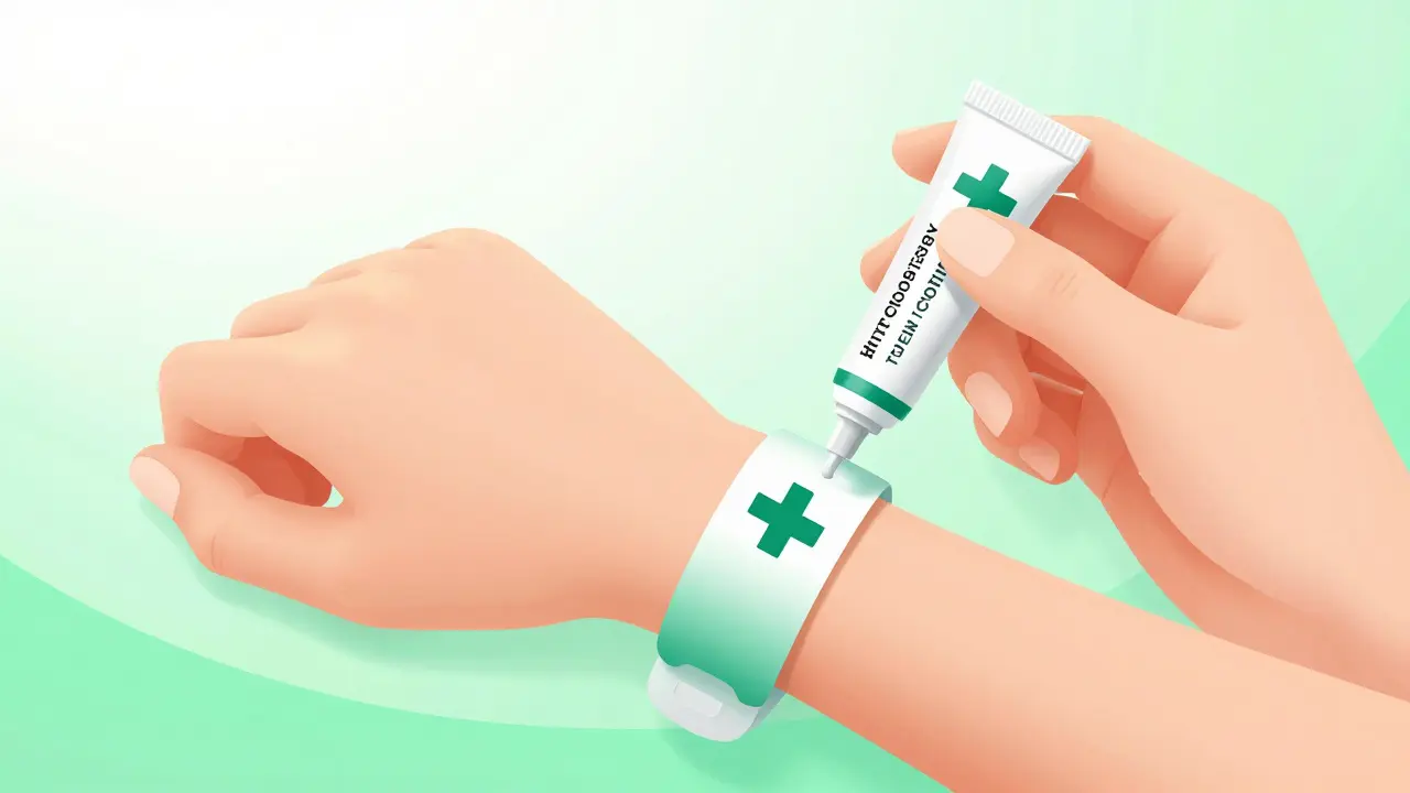 Close-up of a medical alert bracelet and an emergency steroid kit