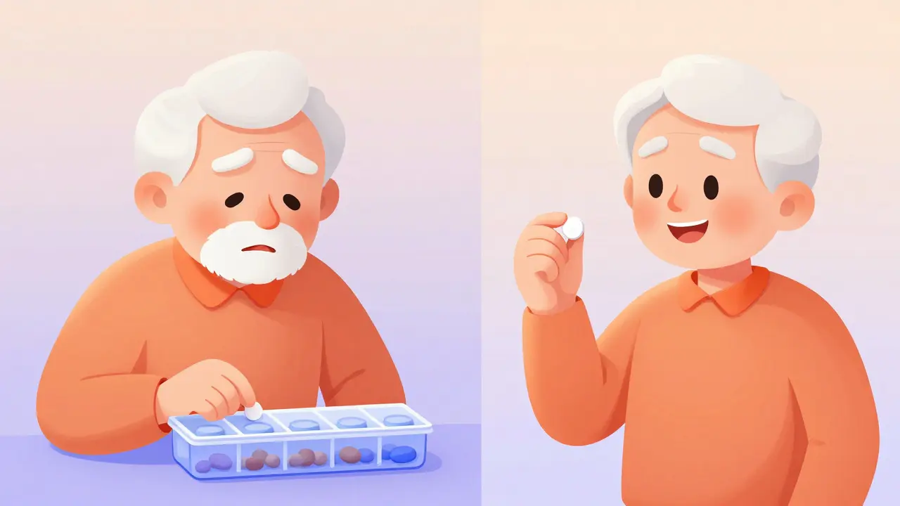 Comparison of a person taking multiple daily pills versus one single pill
