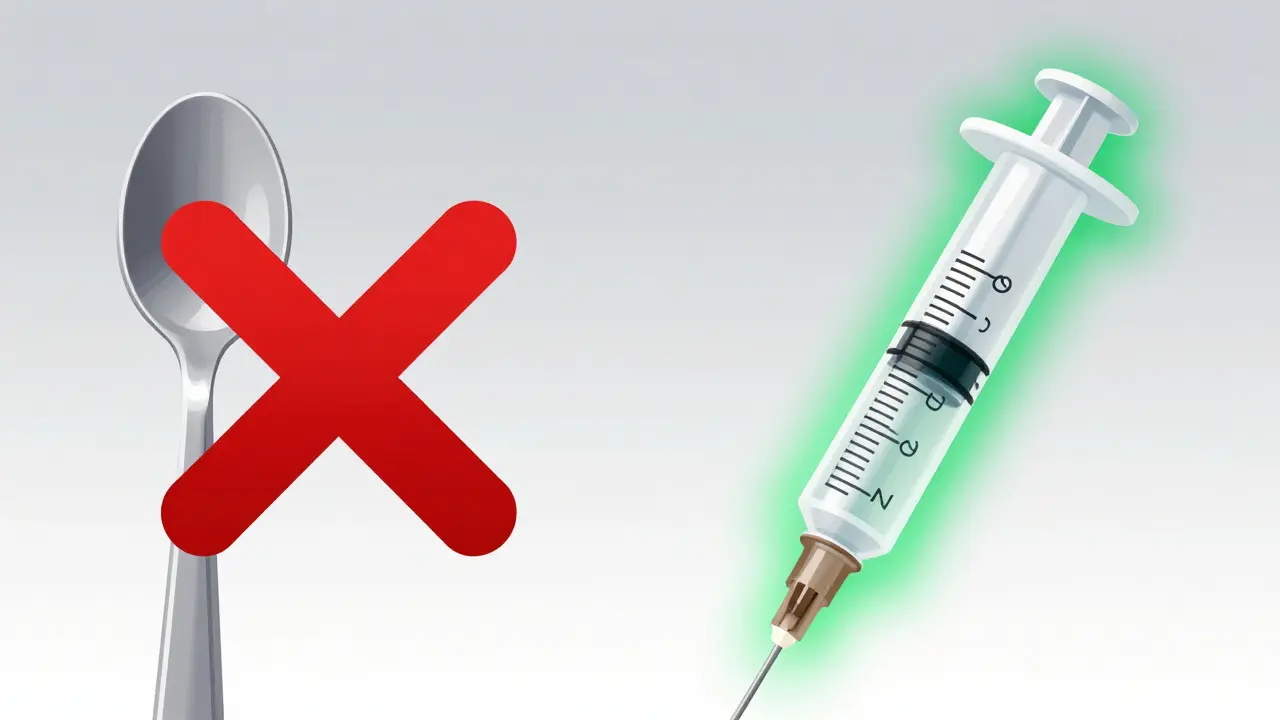 Comparison showing a kitchen spoon marked as incorrect and an oral syringe as correct