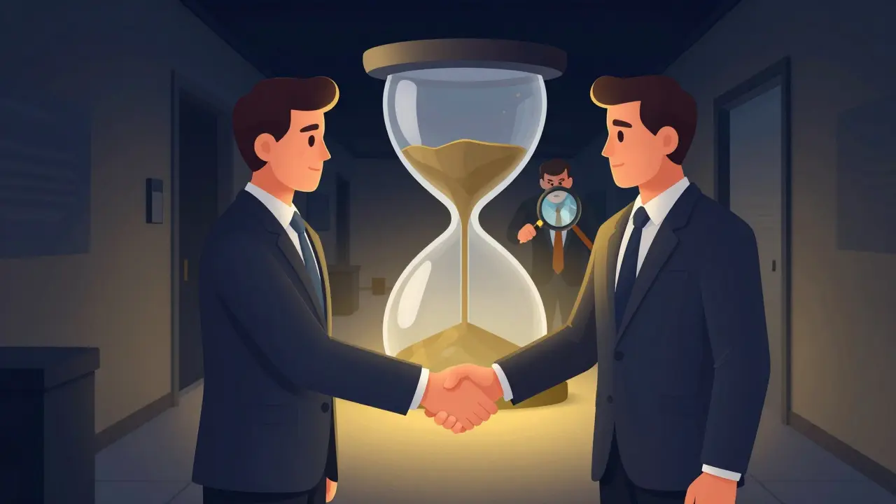 Illustration of two executives shaking hands to delay generic drug entry while the FTC watches.