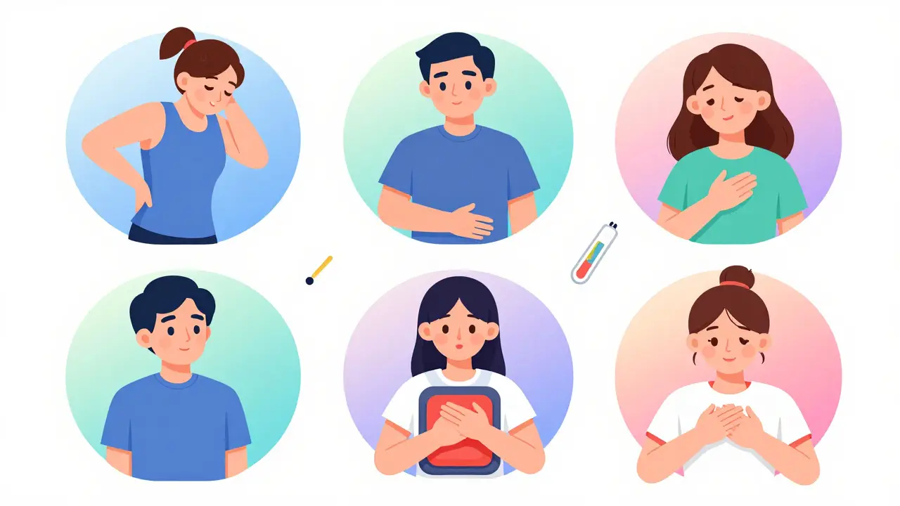 Illustrations of people experiencing muscle pain, menstrual cramps, and fever.