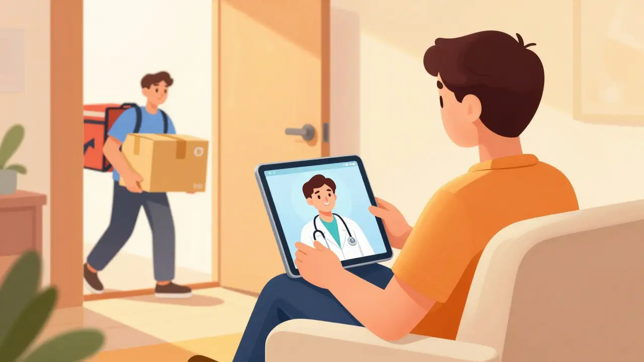 Person having a virtual doctor appointment and receiving a pharmacy delivery at home