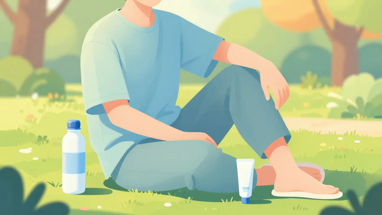 Person in breathable clothing relaxing outdoors near water bottle