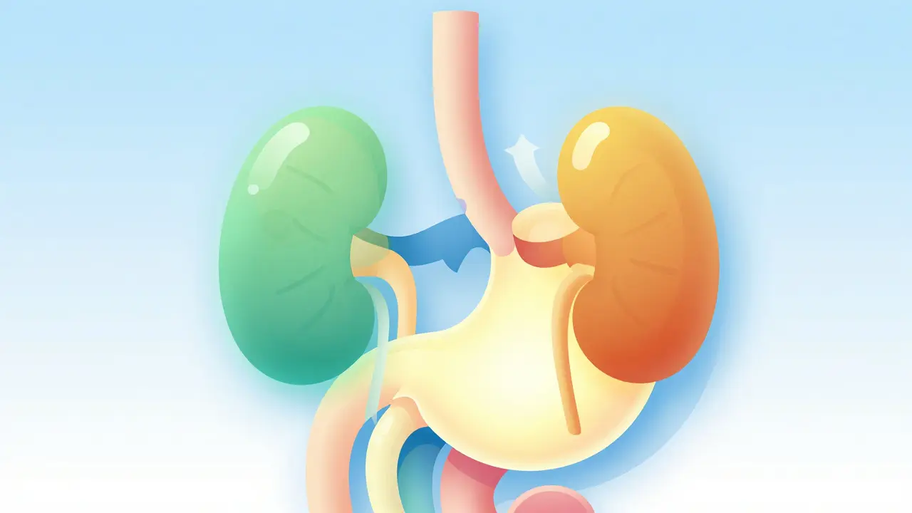 Stylized illustration of a stomach and kidneys showing medication flow