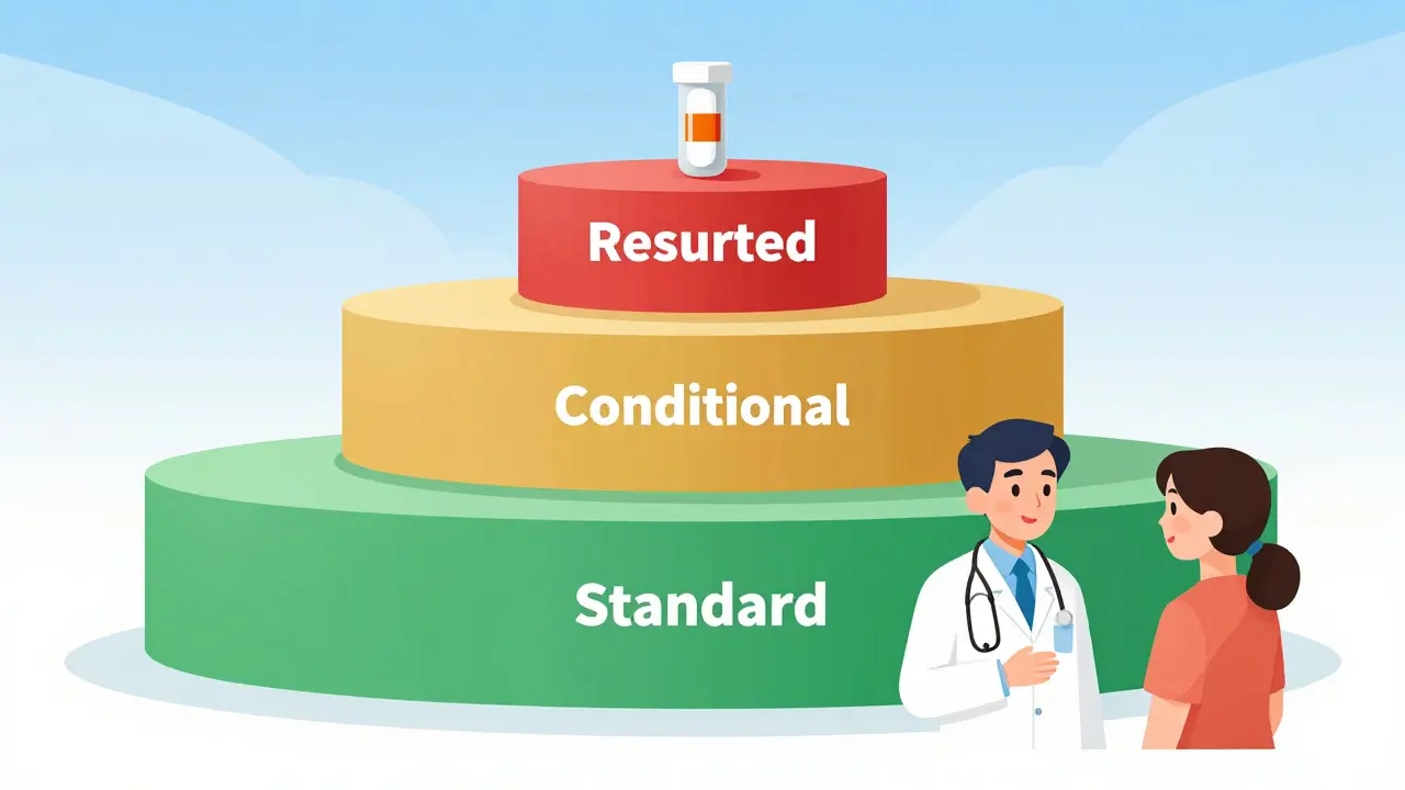 Tiered diagram illustrating standard, conditional, and restricted drug substitution levels.